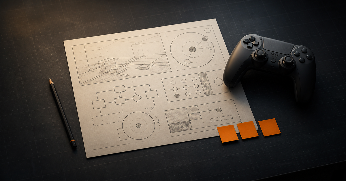 A one-page game blueprint beside a controller and small orange scope markers