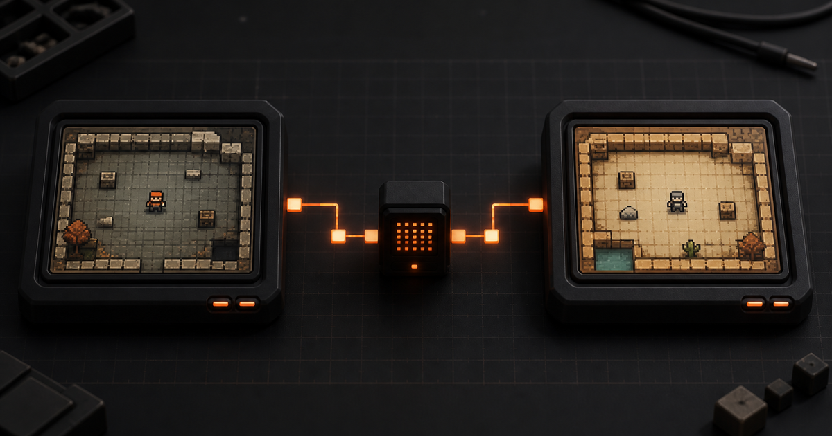 Two small game windows connected through an orange network path