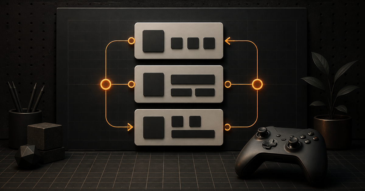 Modular game menu panels connected by orange controller focus paths