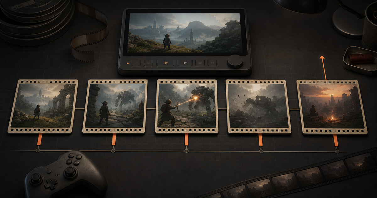 A row of gameplay clips arranged into a rising orange trailer timeline