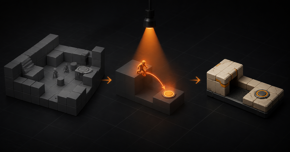 A rough playable game prototype separated from a clean production build by an orange decision gate