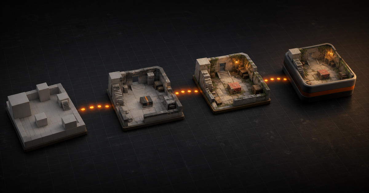 A game development path marked by playable prototype, slice, build, and release milestones