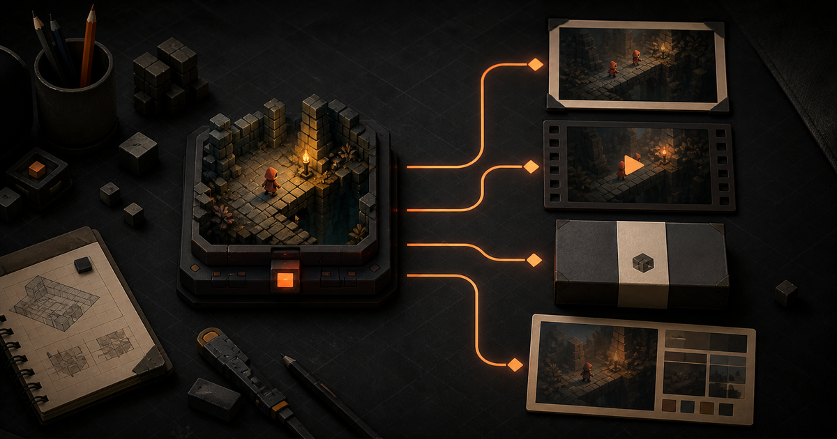 A small game build feeding screenshots, clips, a demo, and a store page